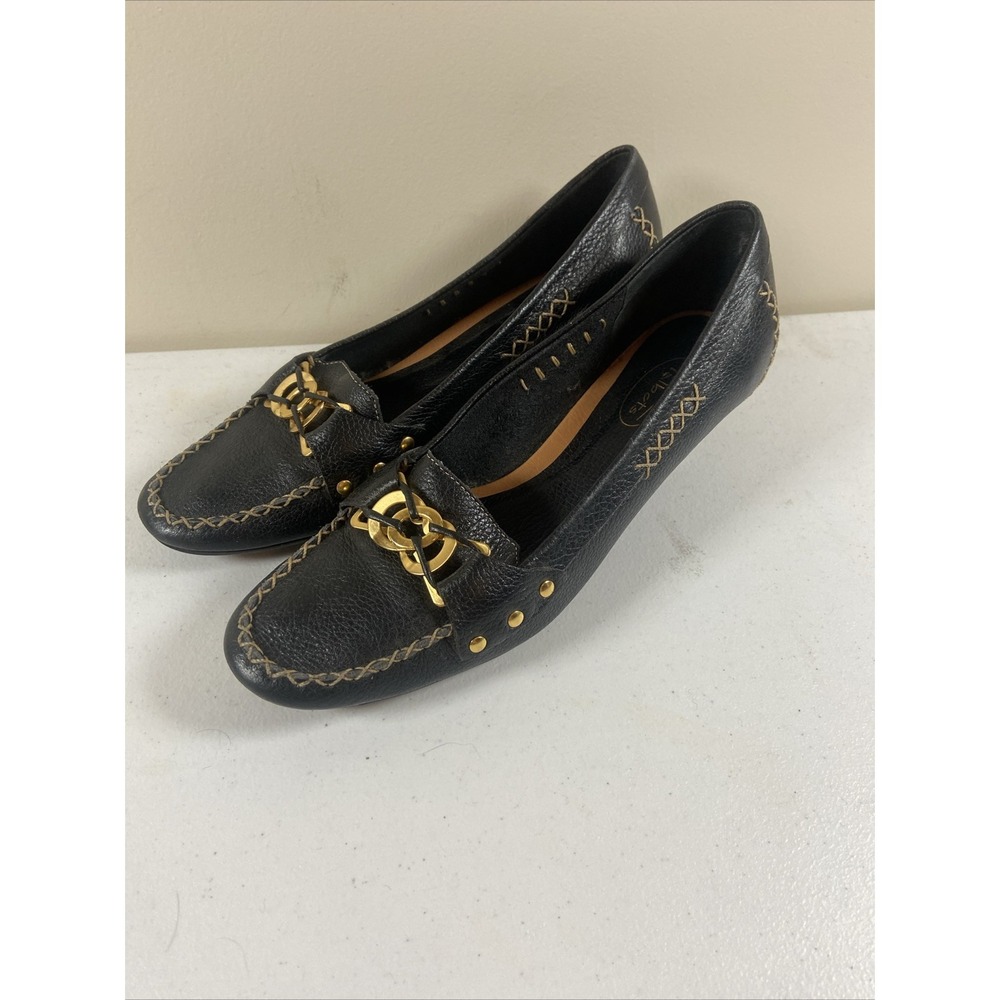 TALBOTS Loafers Pebble Leather Black Kitten Heel Women's Sz 8B Brazil Office EUC